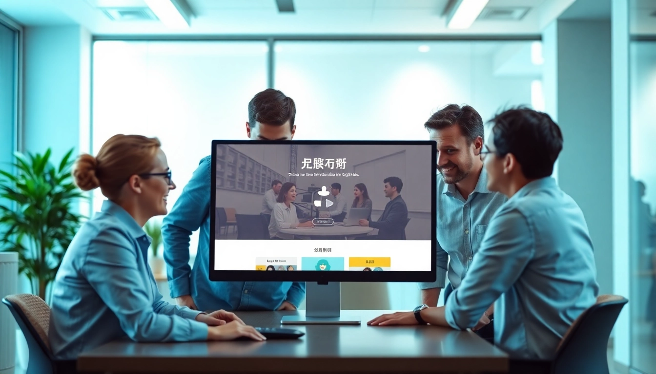 Team discussing features of 美洽官网 on a computer screen in a modern office environment.