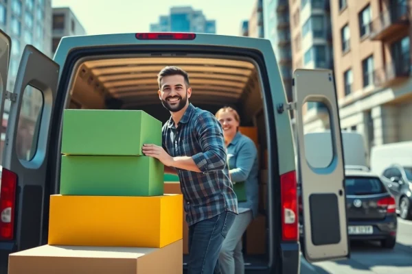 Efficient man and van moving service depicted with a team loading boxes into a van.