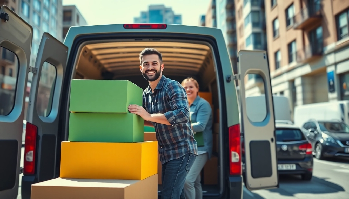 Efficient man and van moving service depicted with a team loading boxes into a van.