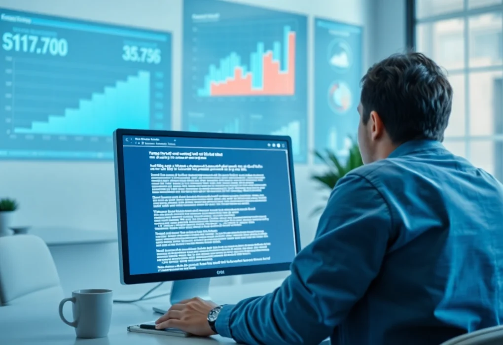 Analyze text with an AI checker tool in a professional office setting.