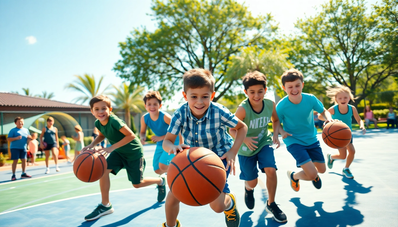 Young basketball enthusiasts practicing dribbling skills on an outdoor court