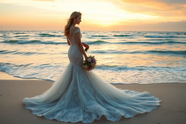 Elegant bride in a mermaid wedding dress illuminated by sunset on a beautiful beach