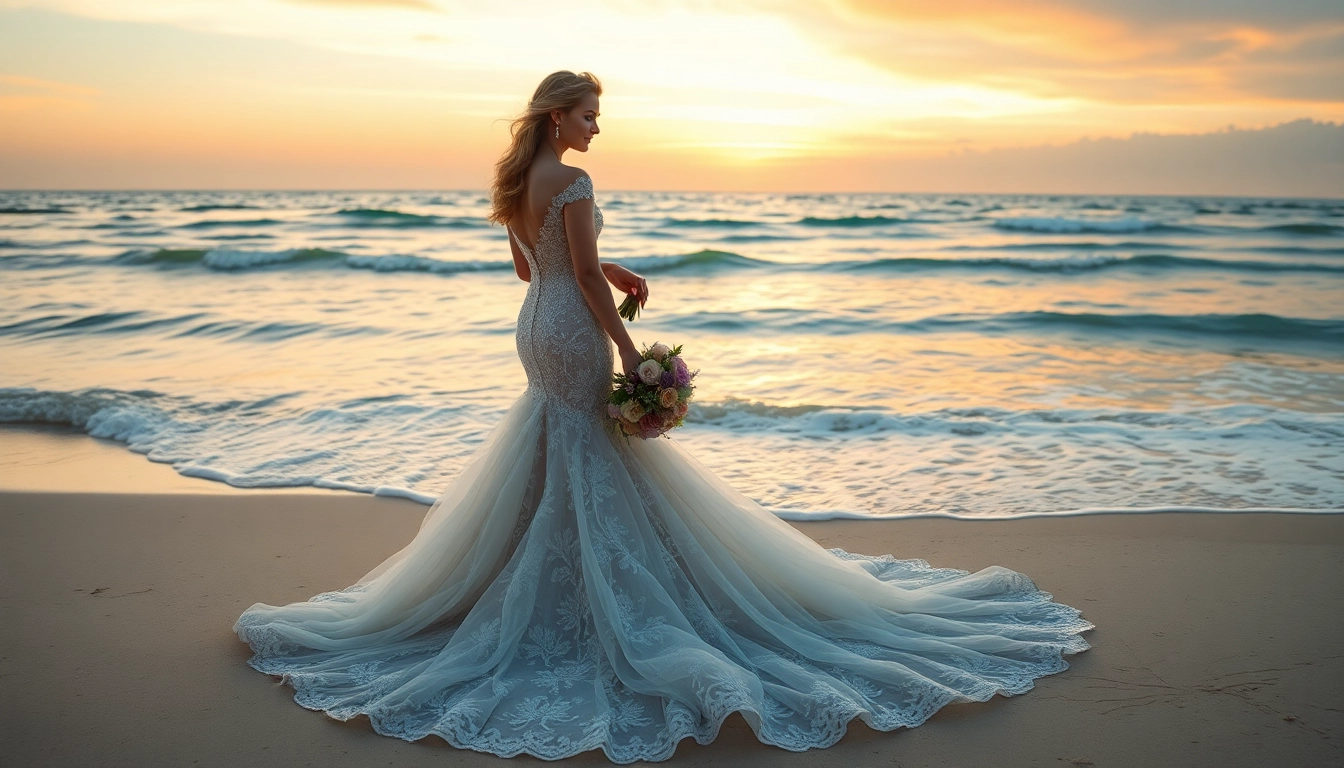 Elegant bride in a mermaid wedding dress illuminated by sunset on a beautiful beach