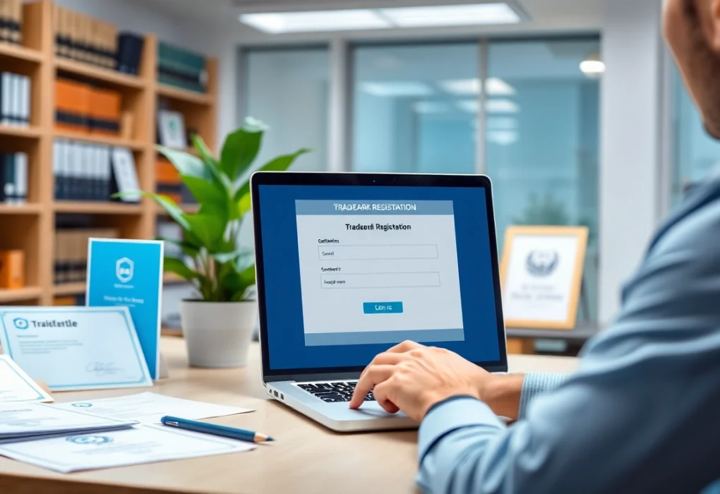 Register your trademark easily using an online trademark registration platform in a professional office setting.