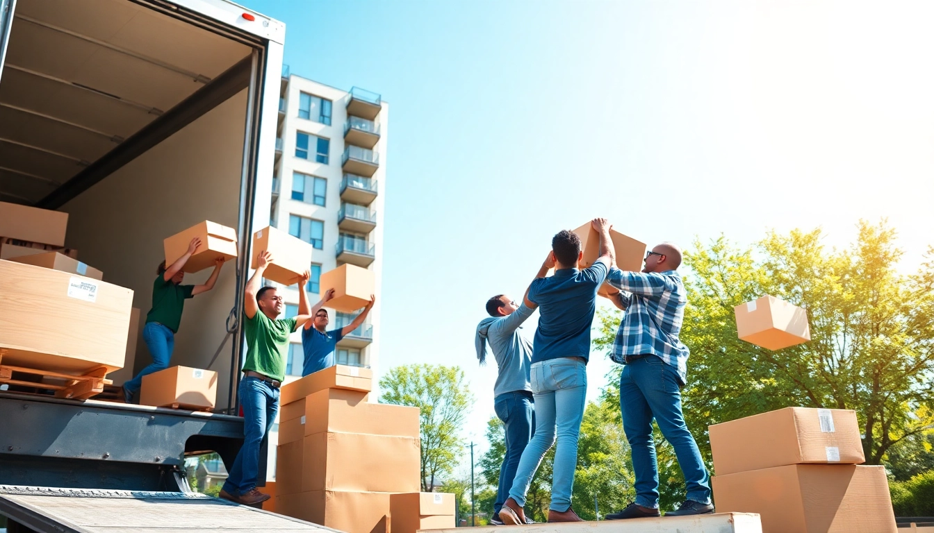 Queens movers efficiently loading a moving truck in an urban setting with bright natural light.