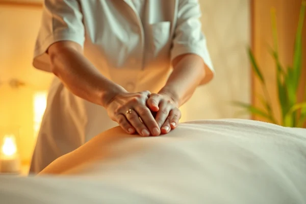 출장마사지 진행 중인 전문 마사지 치료사의 모습, 편안한 분위기를 표현
