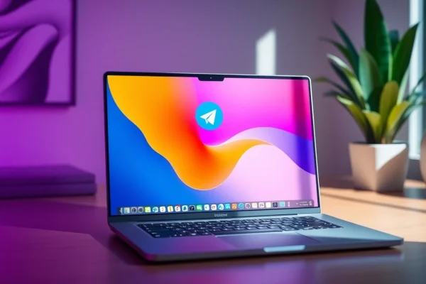 Interactive view of Telegram電腦版 on a stylish laptop highlighting its user-friendly interface.