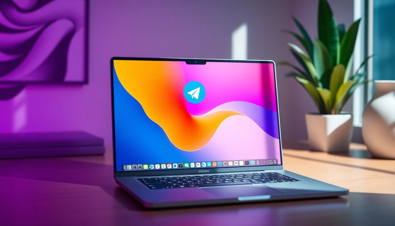 Interactive view of Telegram電腦版 on a stylish laptop highlighting its user-friendly interface.