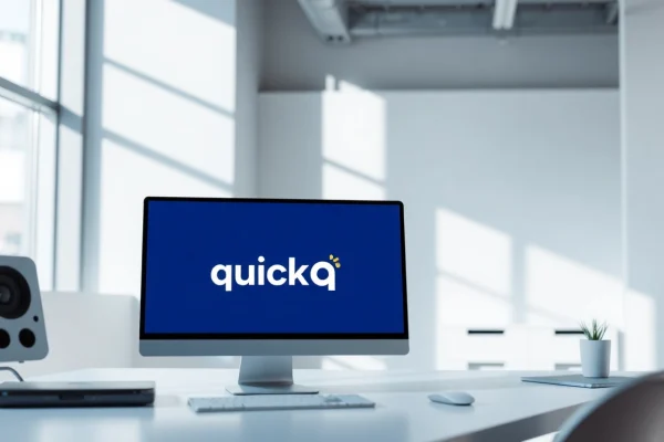 Showcase quickq官网 on a sleek computer in a bright modern workspace, emphasizing productivity.