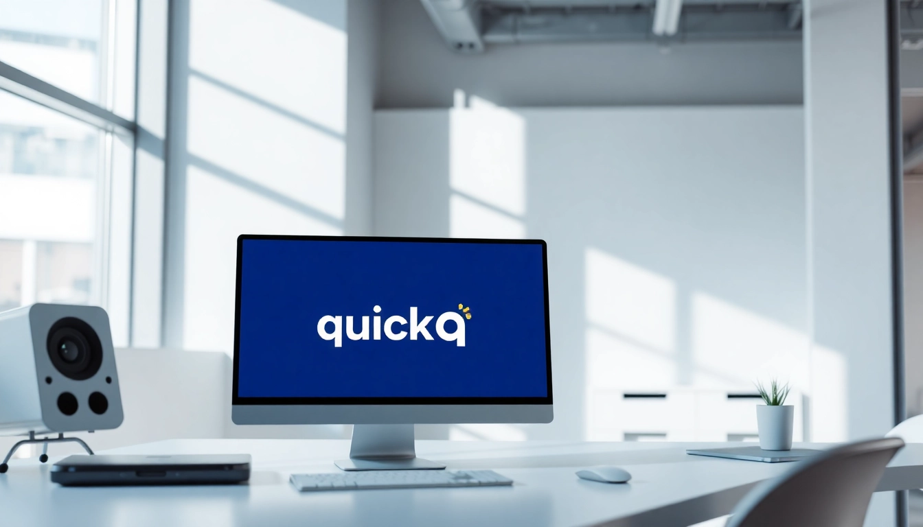 Showcase quickq官网 on a sleek computer in a bright modern workspace, emphasizing productivity.