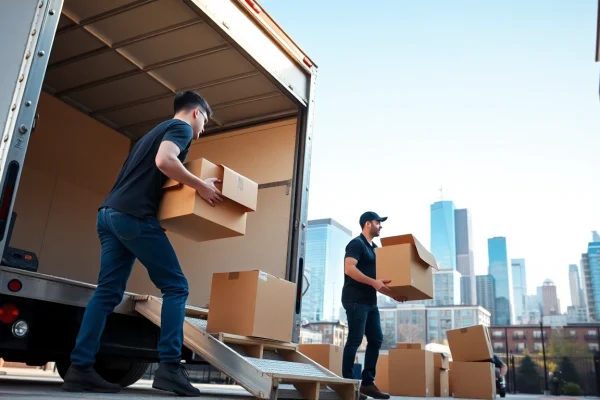Efficient Queens movers expertly handling boxes during a residential move in Queens.