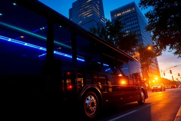 Experience premier car service atlanta with a luxurious party bus illuminated in city lights.