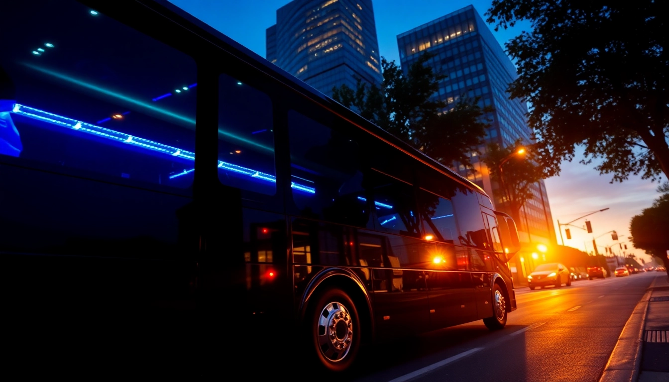 Experience premier car service atlanta with a luxurious party bus illuminated in city lights.