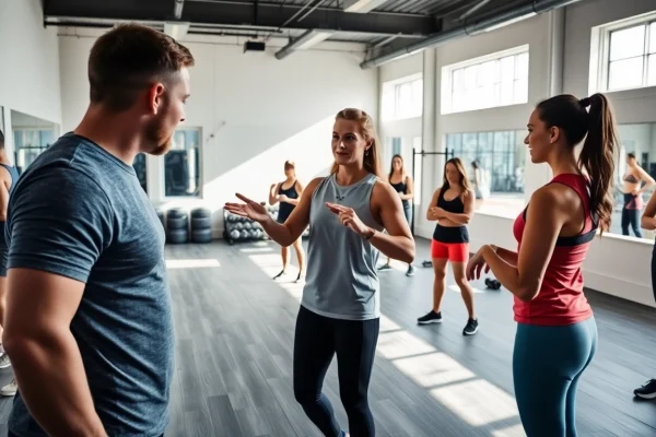 Engaged personal trainer sevenoaks motivating clients in a vibrant gym environment.