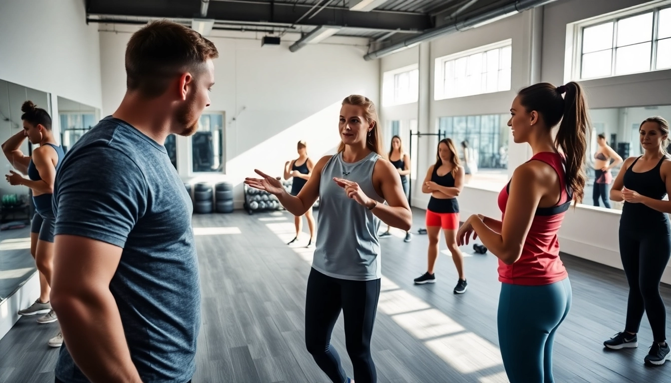 Engaged personal trainer sevenoaks motivating clients in a vibrant gym environment.