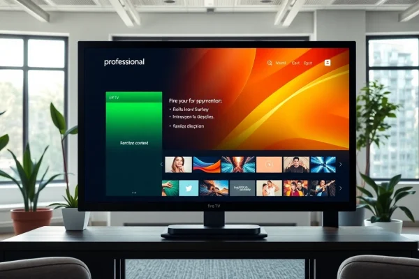 View of a Fire TV digital signage app interface in a modern office environment, illustrating interactive content.