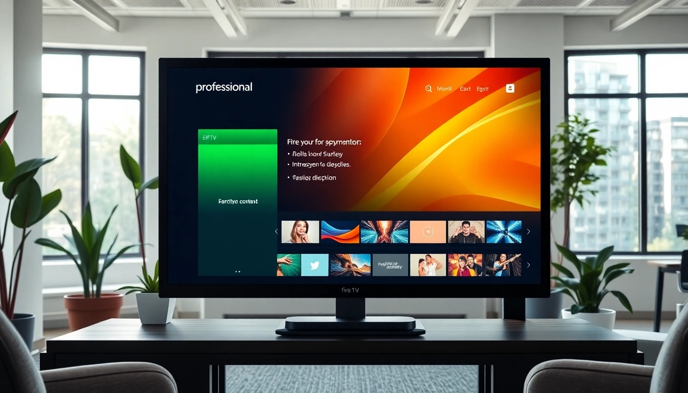 View of a Fire TV digital signage app interface in a modern office environment, illustrating interactive content.