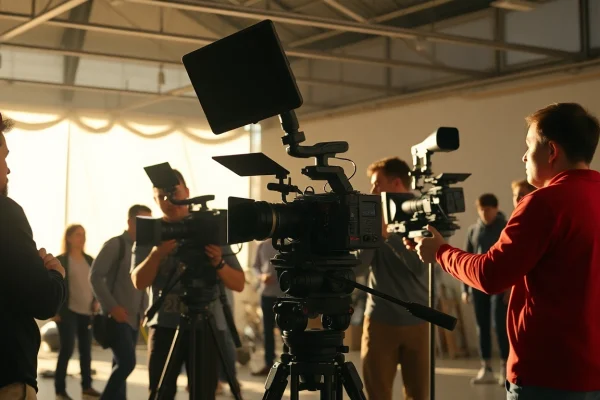 Capture the excitement of 영상제작 with a vibrant film production crew adjusting camera equipment.