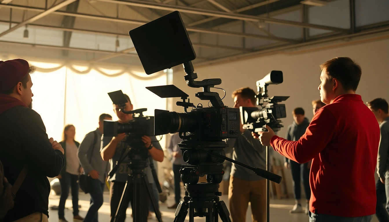 Capture the excitement of 영상제작 with a vibrant film production crew adjusting camera equipment.
