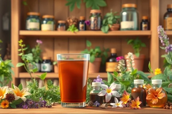 Mahamanjisthadi kadha benefits for skin showcased in a tranquil herbal setting with fresh ingredients.