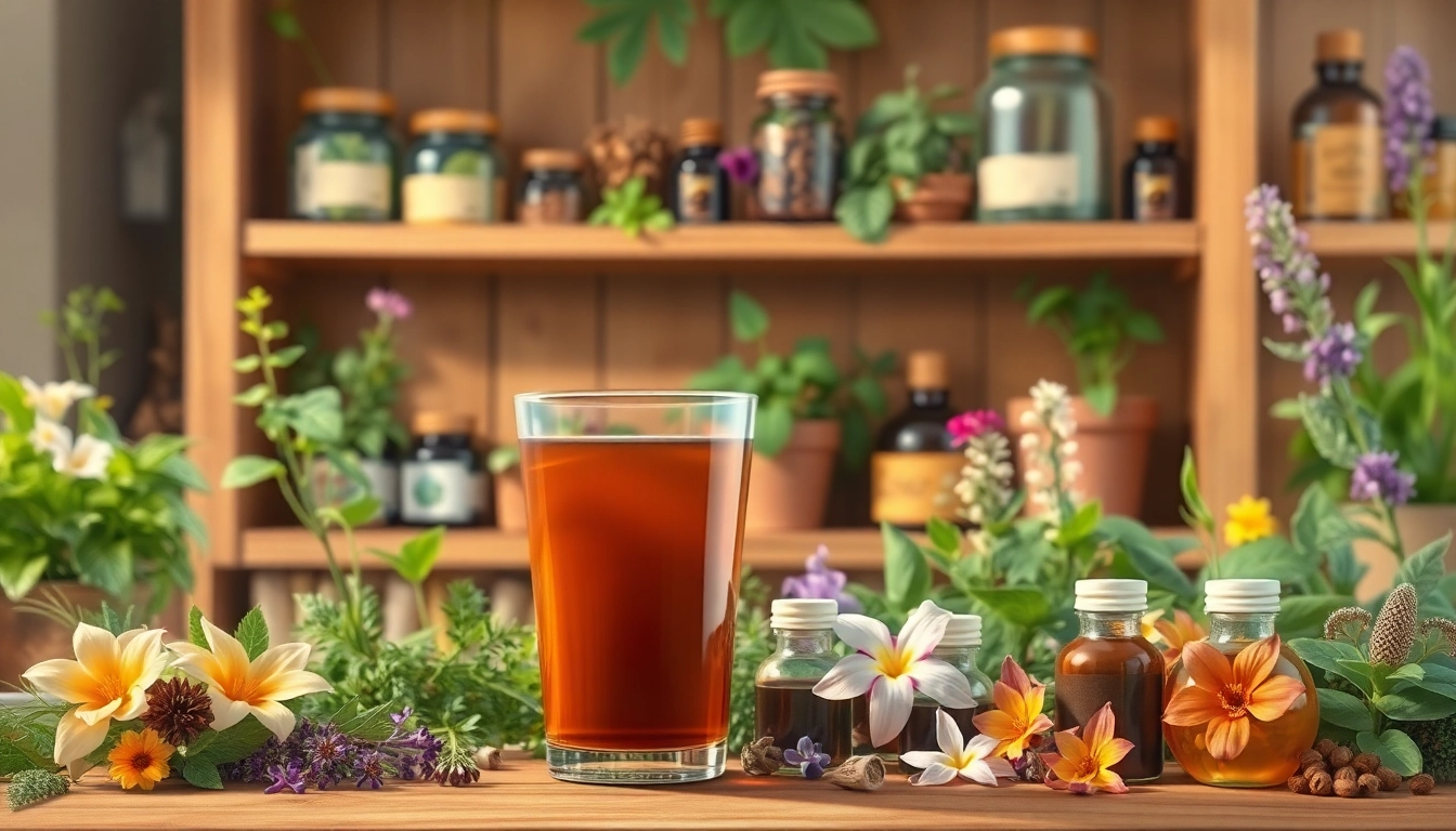 Mahamanjisthadi kadha benefits for skin showcased in a tranquil herbal setting with fresh ingredients.