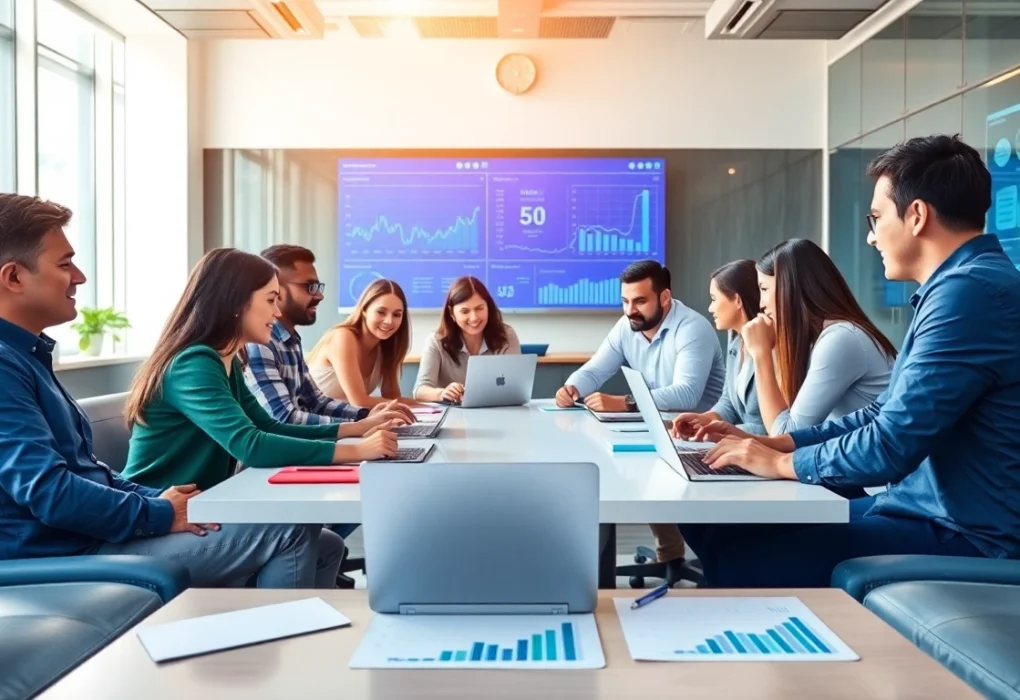 Engaged team discussing Call Center Solutions in a modern, collaborative office environment.