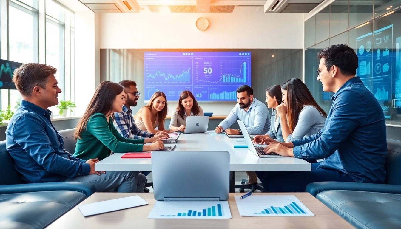 Engaged team discussing Call Center Solutions in a modern, collaborative office environment.