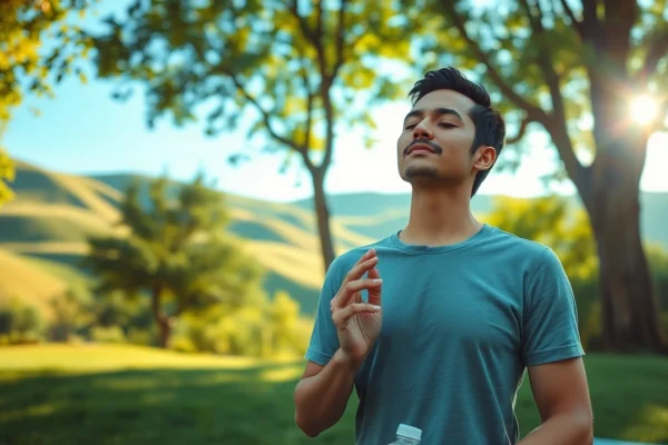 Practicing deep breathing while dealing with stress in a serene outdoor setting.