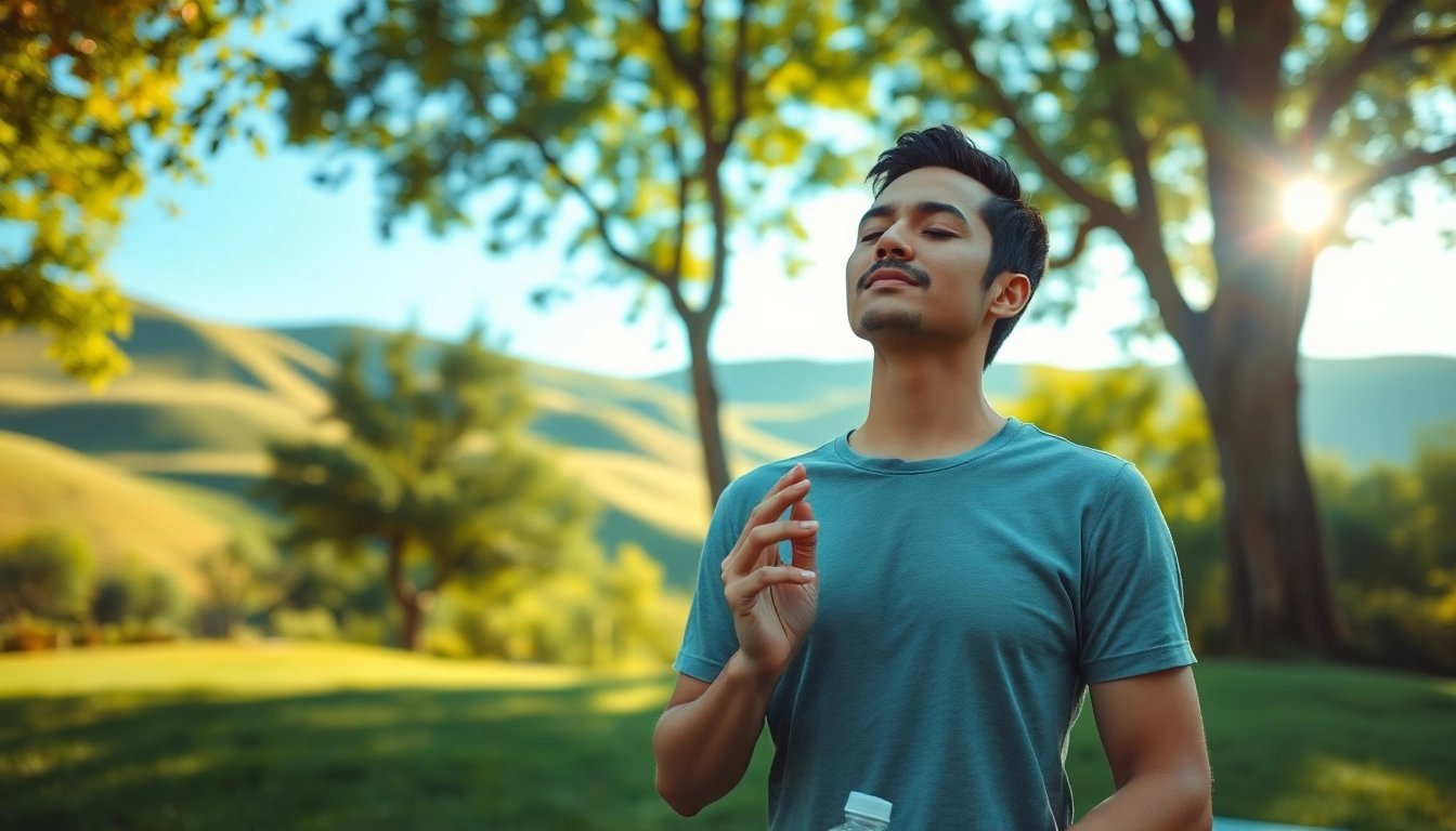 Practicing deep breathing while dealing with stress in a serene outdoor setting.