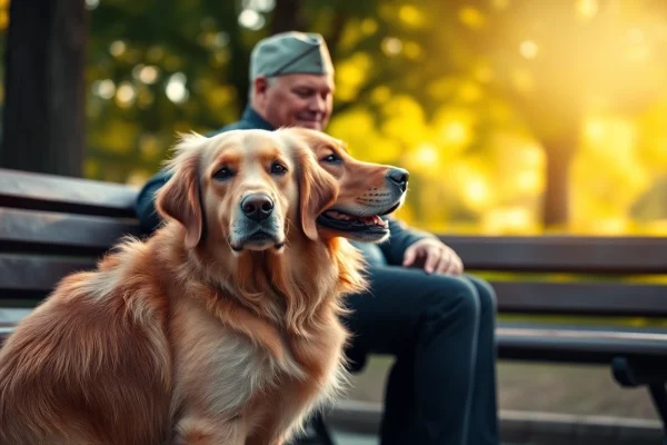 PTSD service dogs provide support and companionship to veterans in serene park settings.