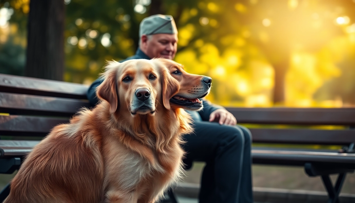 PTSD service dogs provide support and companionship to veterans in serene park settings.