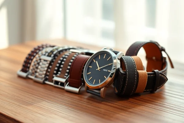 Discover unique watch bands with various materials elegantly displayed on a wooden table.
