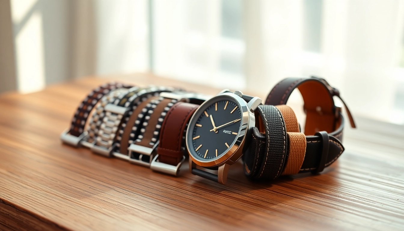 Discover unique watch bands with various materials elegantly displayed on a wooden table.