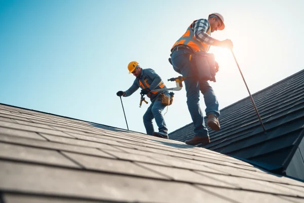 Roofer from Dakdekkersbedrijf Arnhem expertly installing shingles on a residential roof.