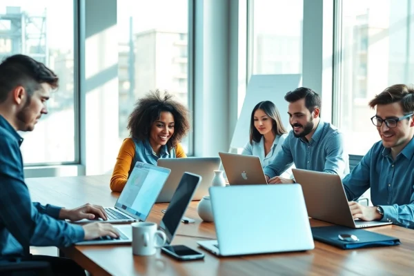 Sviluppo web app agenzia con un team creativo al lavoro in un ambiente moderno e luminoso.