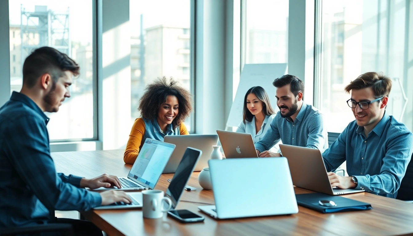 Sviluppo web app agenzia con un team creativo al lavoro in un ambiente moderno e luminoso.