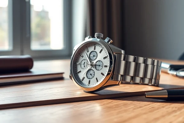 Herren Armbanduhren auf einem eleganten Schreibtisch mit natürlichem Licht präsentieren.