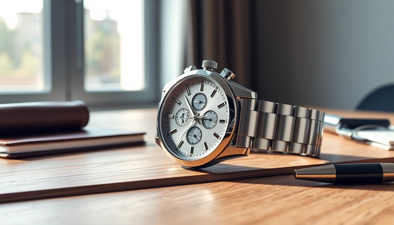 Herren Armbanduhren auf einem eleganten Schreibtisch mit natürlichem Licht präsentieren.