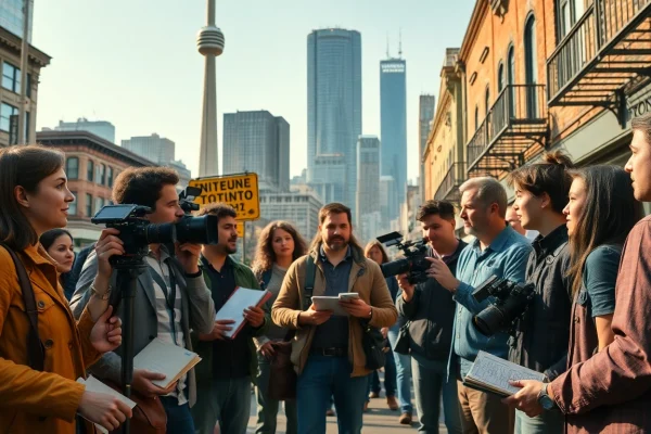 Filmmakers discussing Stories Documentaries Toronto against a vibrant city backdrop.