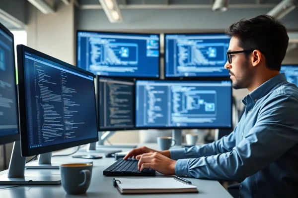 Entwickler, der mit Microsoft Visual Studio in einem modernen Büro arbeitet.