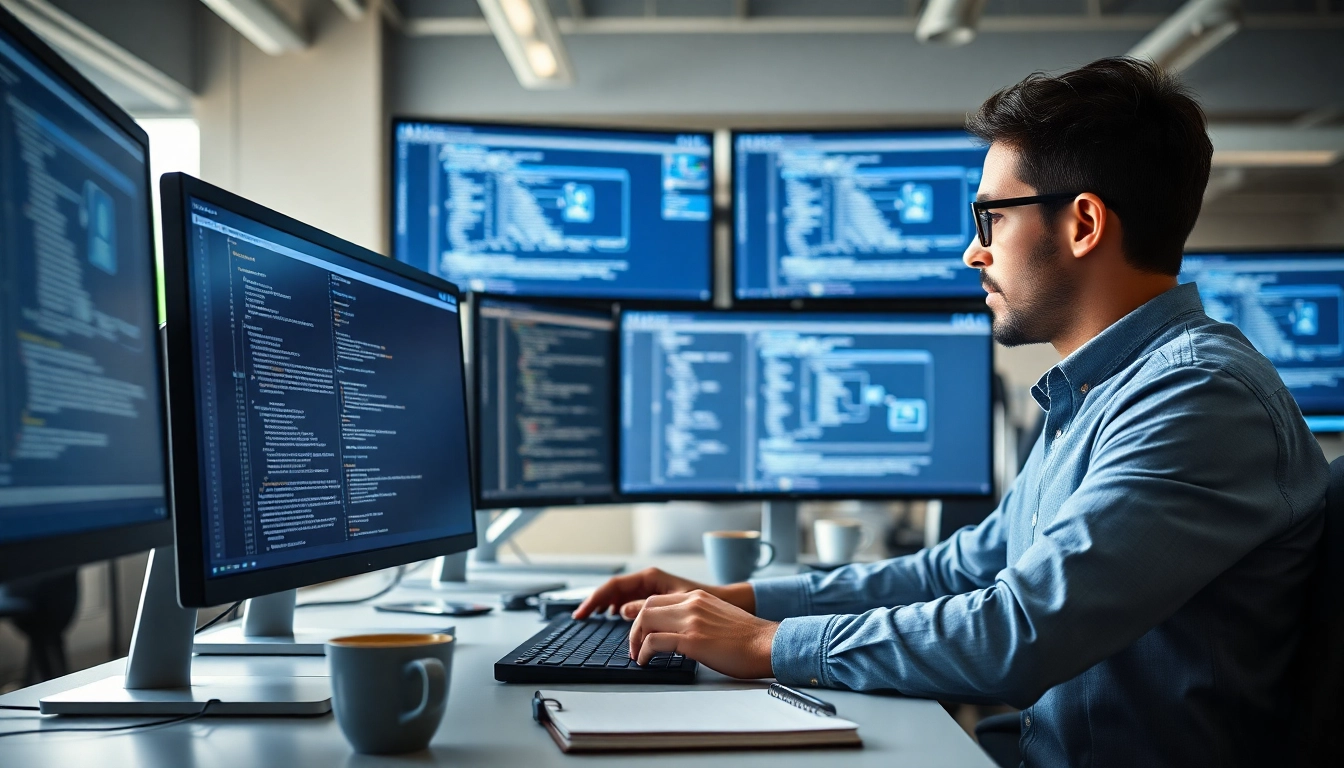 Entwickler, der mit Microsoft Visual Studio in einem modernen Büro arbeitet.