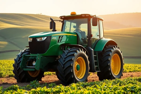Die besten John Deere Produkte für Landwirtschaft und Bauwesen John Deere Traktor in einer malerischen Farmlandschaft bei Sonnenlicht.