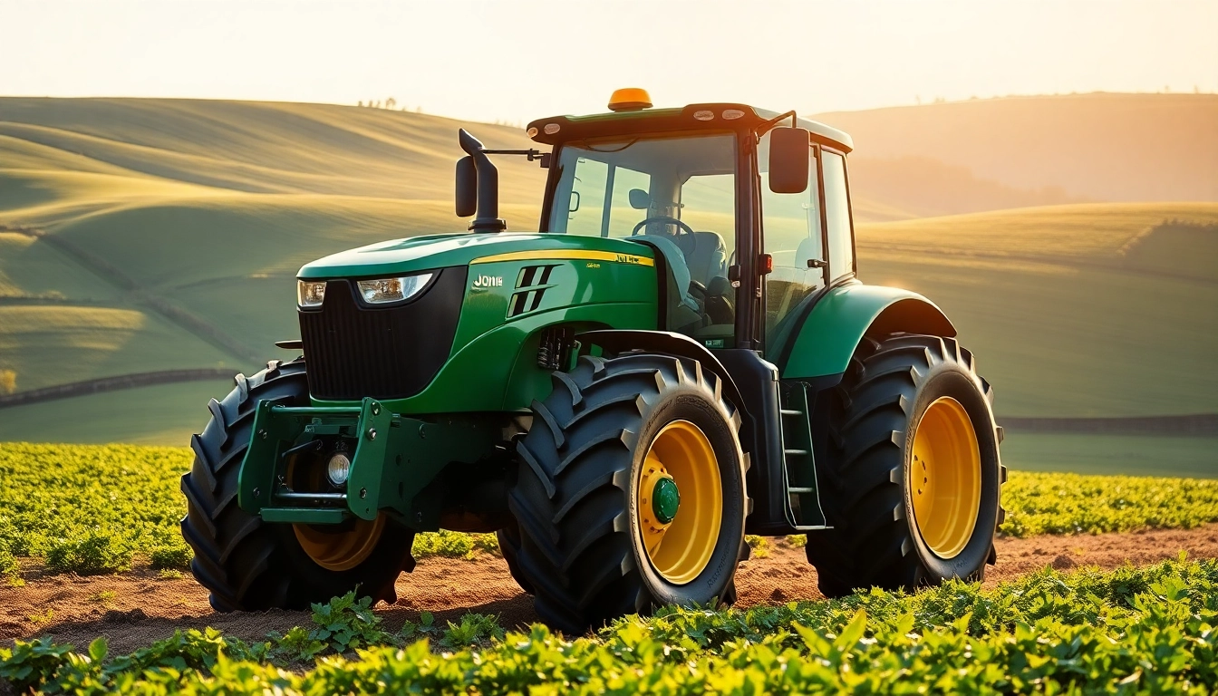 John Deere Traktor in einer malerischen Farmlandschaft bei Sonnenlicht.
