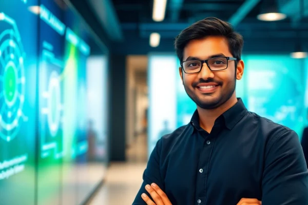 Unveiling Aravind Srinivas: Journey of an AI Visionary and CEO Aravind Srinivas presenting his vision in a professional office setting.