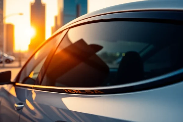 Tesla window tinting Southampton showcased on a Model 3 in a vibrant cityscape.