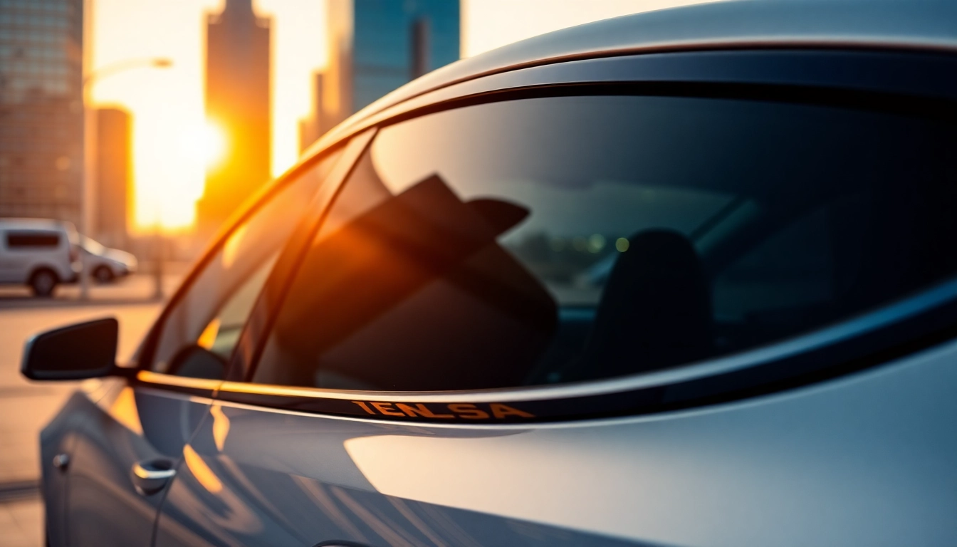 Tesla window tinting Southampton showcased on a Model 3 in a vibrant cityscape.
