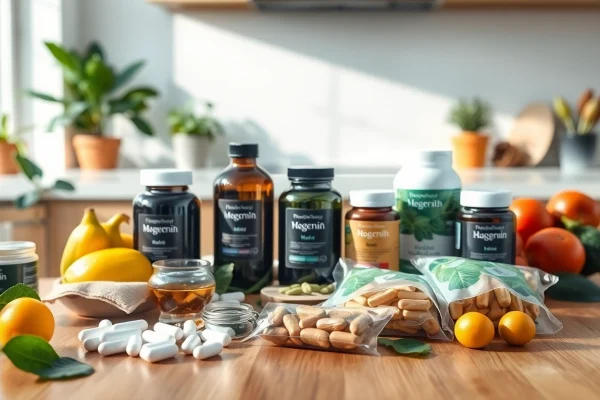 Showcase of health and wellness products from https://newimage.world/ with vibrant fruits and a natural setting.