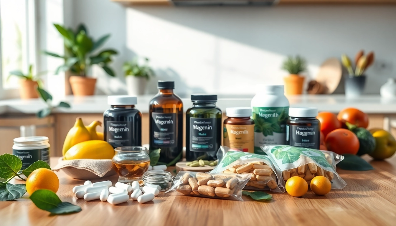 Showcase of health and wellness products from https://newimage.world/ with vibrant fruits and a natural setting.