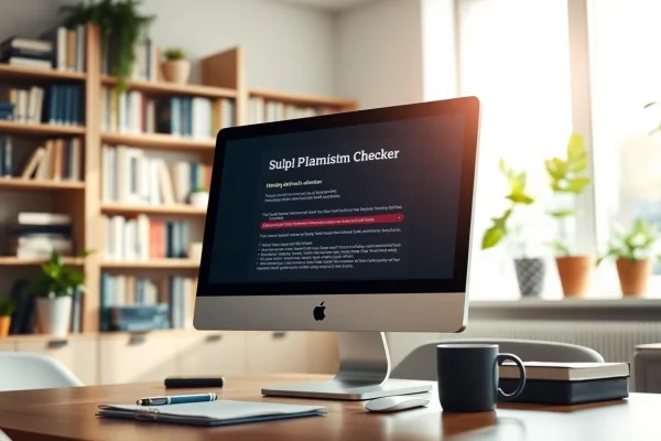 Check a document using the plagiarism checker on a stylish office desktop setup