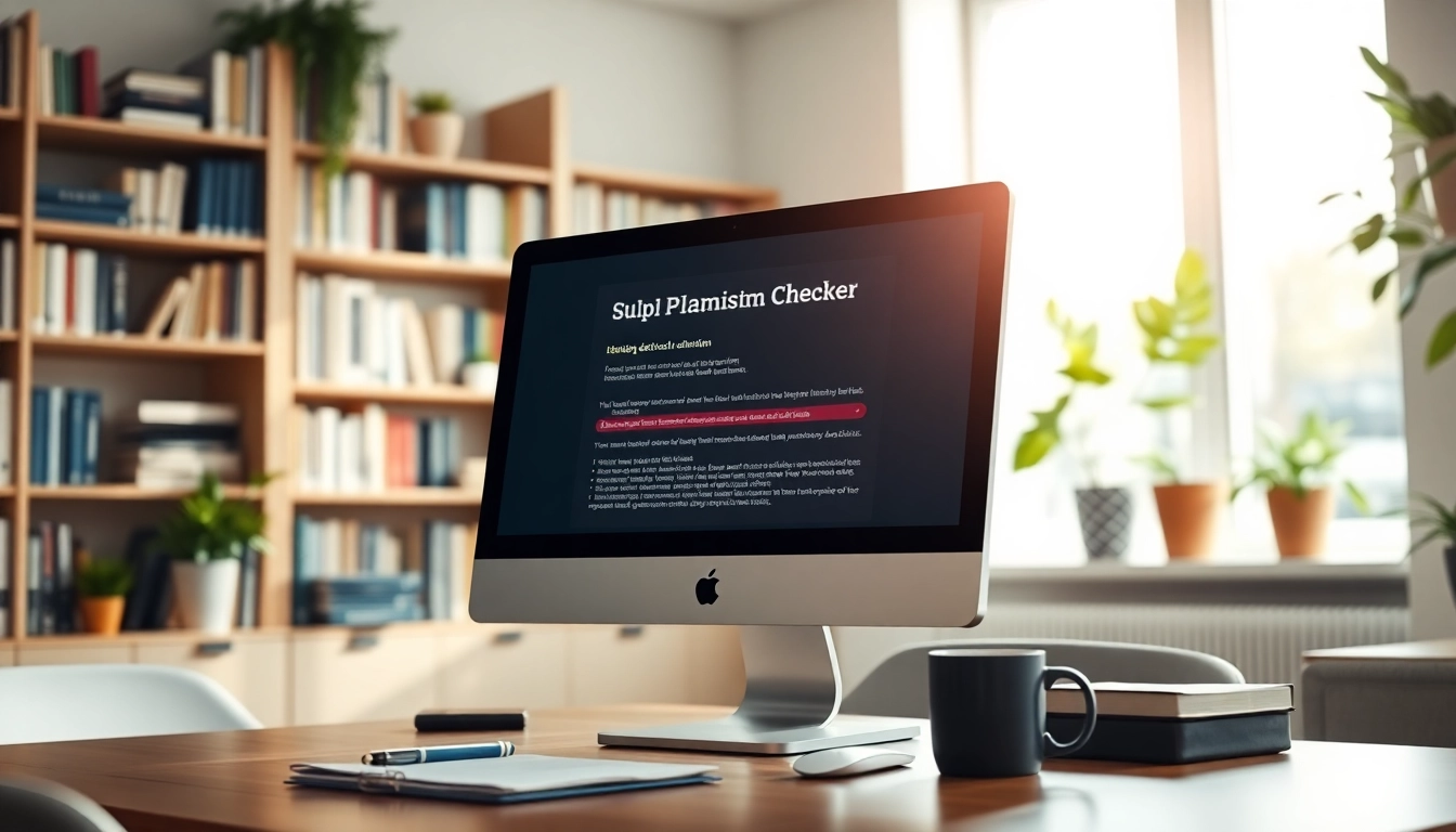 Check a document using the plagiarism checker on a stylish office desktop setup